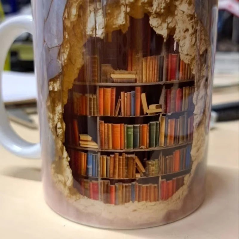Taza con estantería de libros en 3D — regalo de café para amantes de los libros