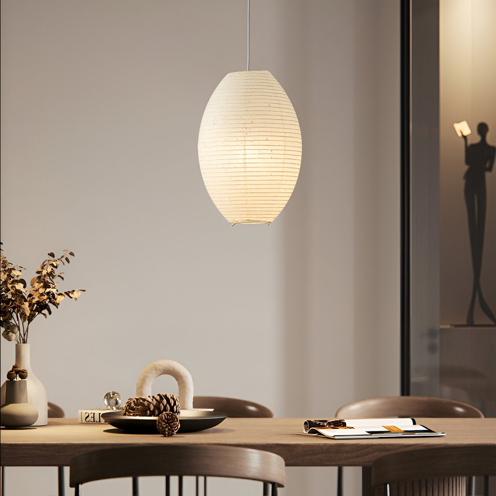 Traditionelle Japandi Wabi-Sabi Elliptische Papier-Pendelleuchte | Souliia