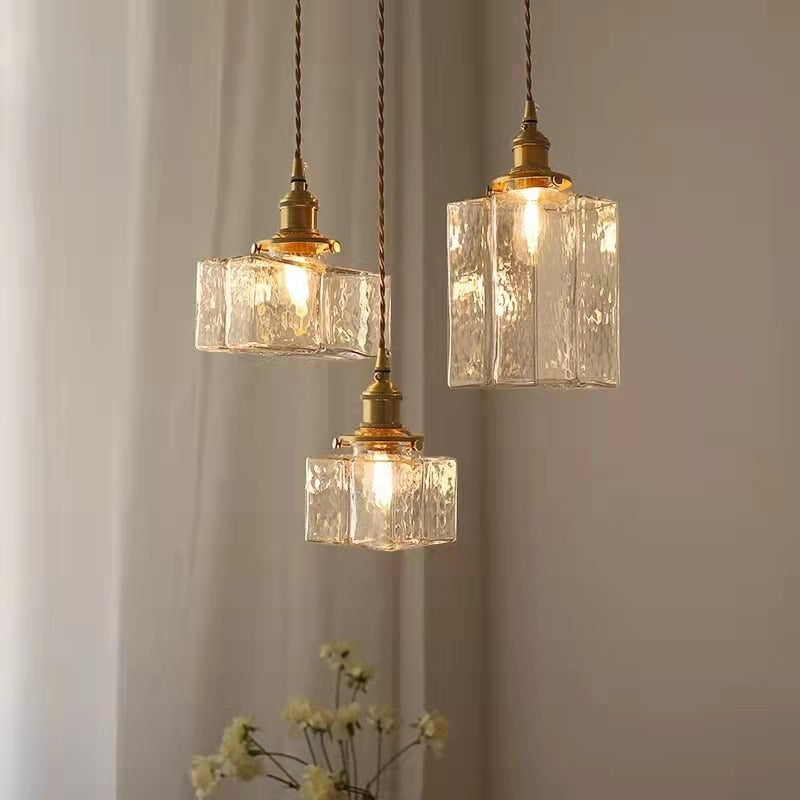 Traditionelle Vintage Quadrat Rechteck Wellen-Glas Eisen 1-Flammige Pendelleuchte für Wohnzimmer | Souliia