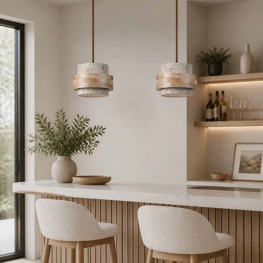 Travertine Stone and Wood Pendant Lamp | Souliia