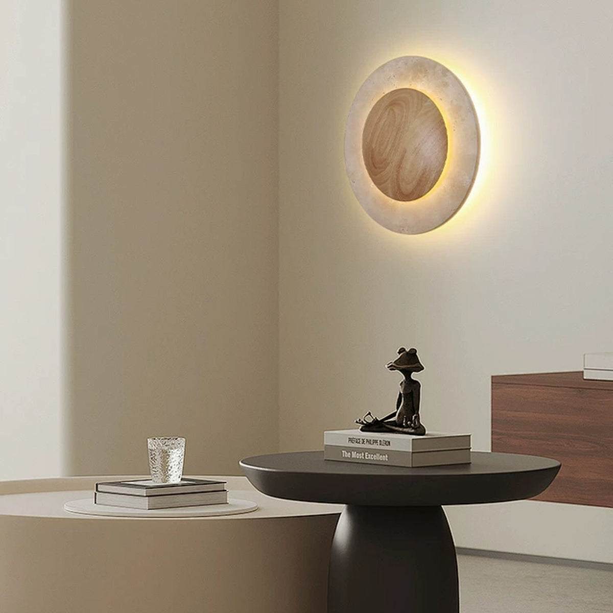 Round Travertine Wood Wall Light | Souliia