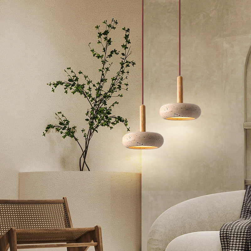 Traditional Japanese Round Wood Travertine Pendant Light M18 | Souliia