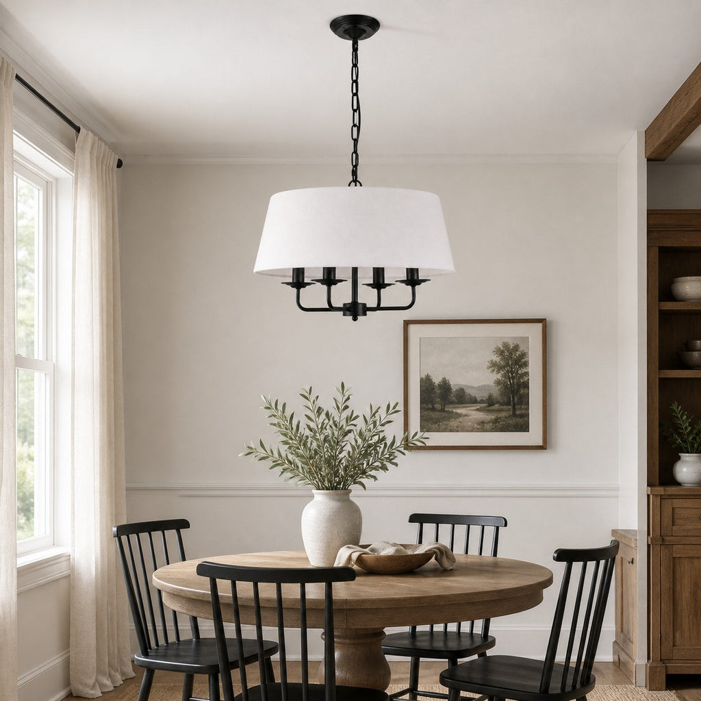 Tela Stoffschirm-Kronleuchter mit geschwungenem Arm-Design und Leinen-Schirmen - Metall Vintage-Stil für Esszimmer | Souliia