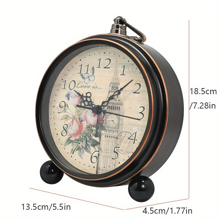ElegantTime Metal Nightstand Alarm Clock — Quiet Analog Movement, Large Clear Display