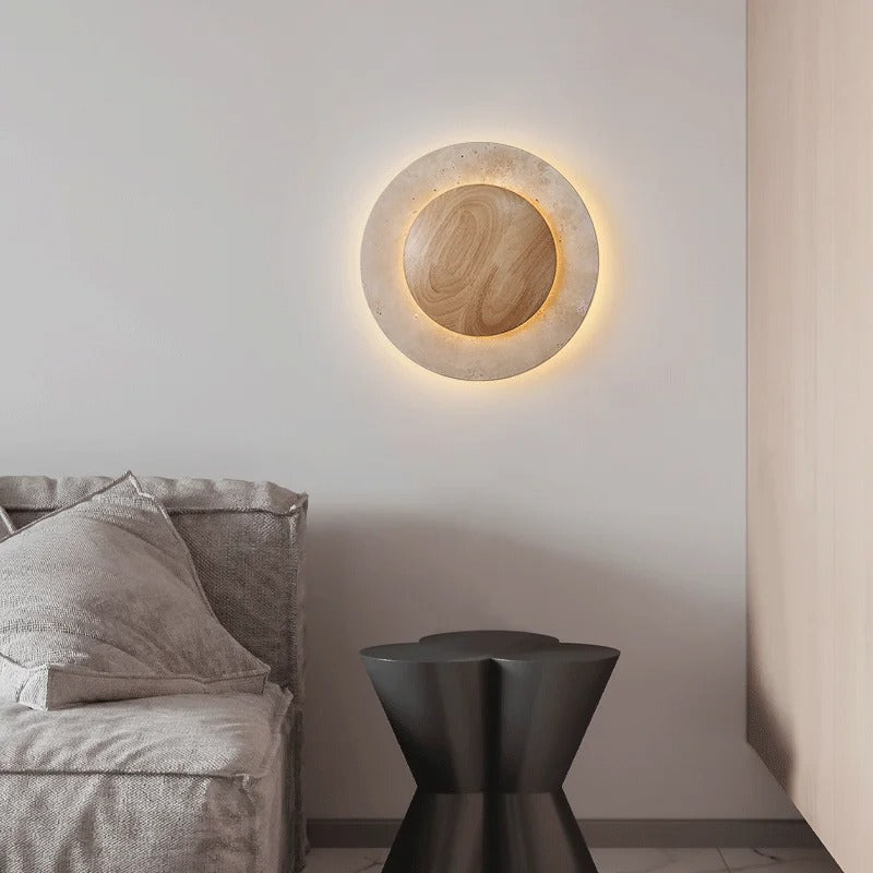 Round Travertine Wood Wall Light | Souliia