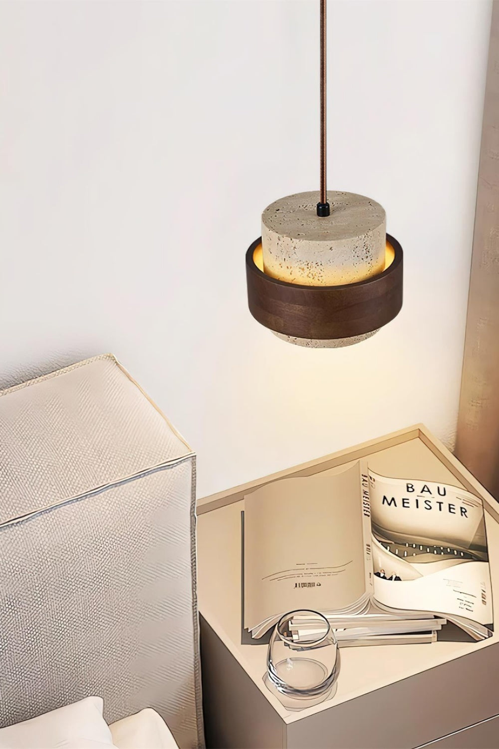 Travertin Holz Pendelleuchte - Moderne organische Hängeleuchte für Wohnzimmer | Souliia