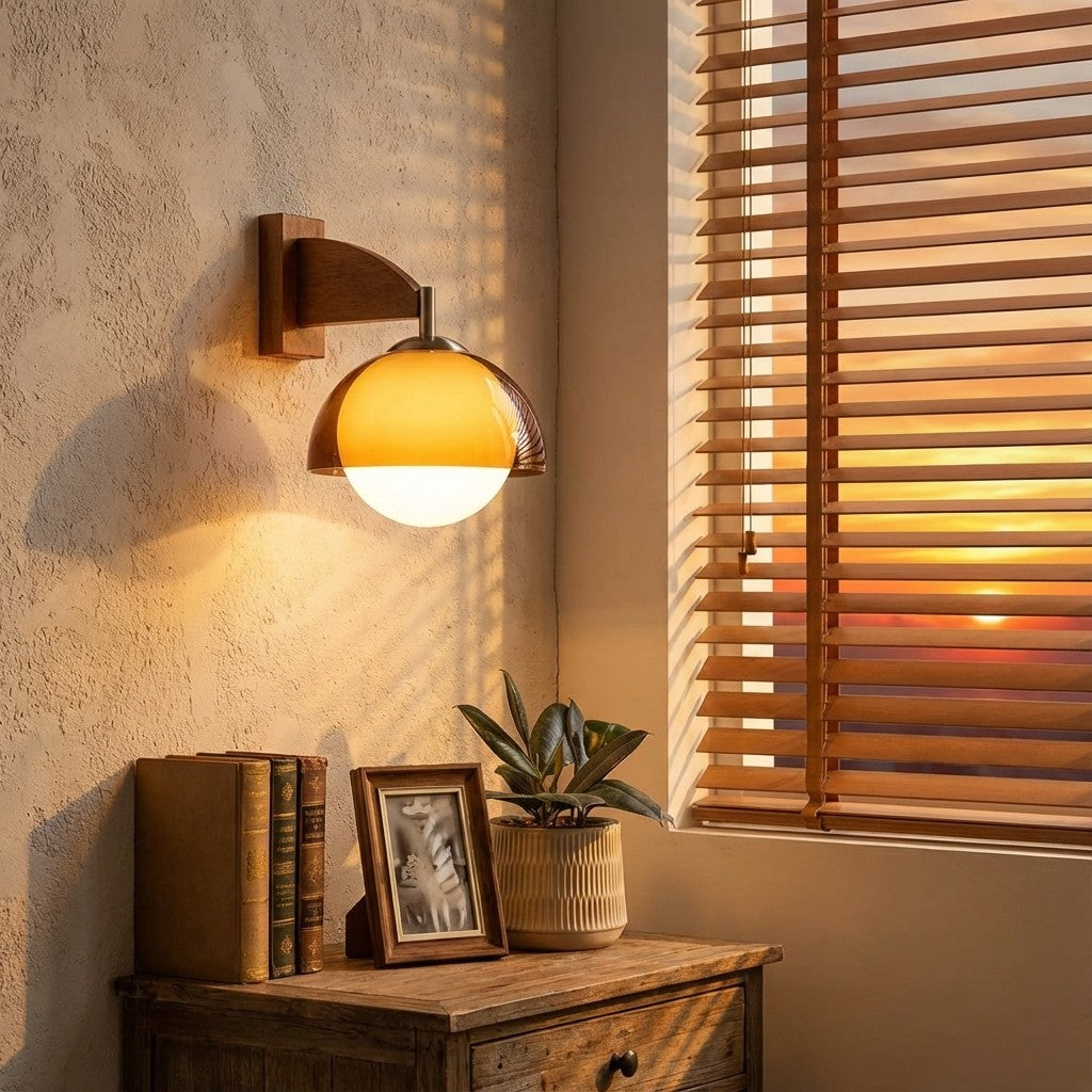 Sunset Glow Moderne Wandleuchte mit Acrylschirm und Holzstruktur-Basis für Schlafzimmer, Flur, Wohnzimmer | Souliia