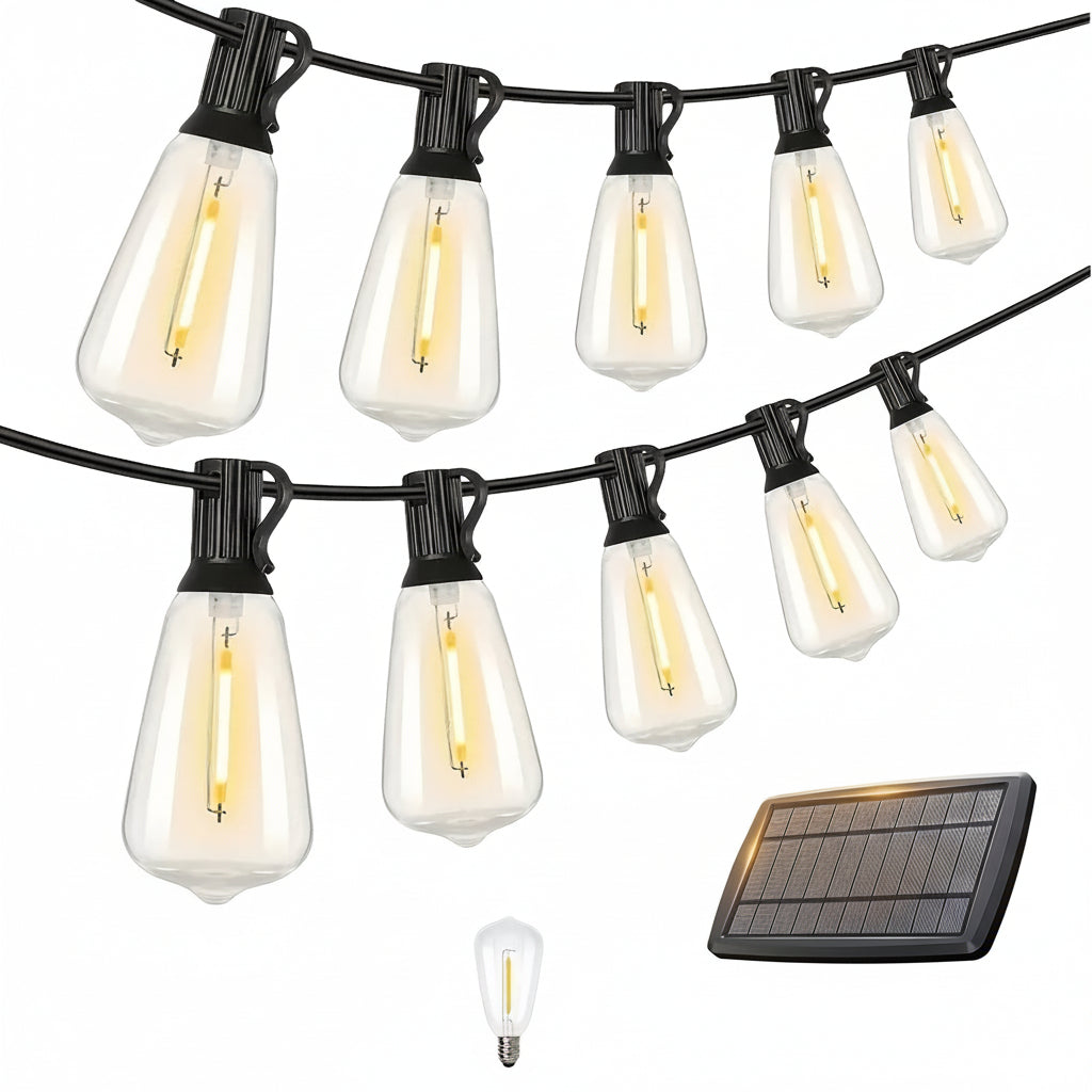Solara Solar LED String Lights — 100-Foot Length, Dimmable Yellow ST38 Bulbs