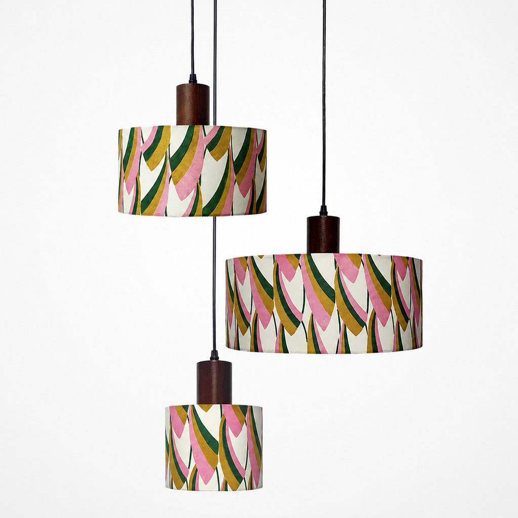 Printed Fabric Drum Pendant Light with Walnut Wood Holder | Souliia