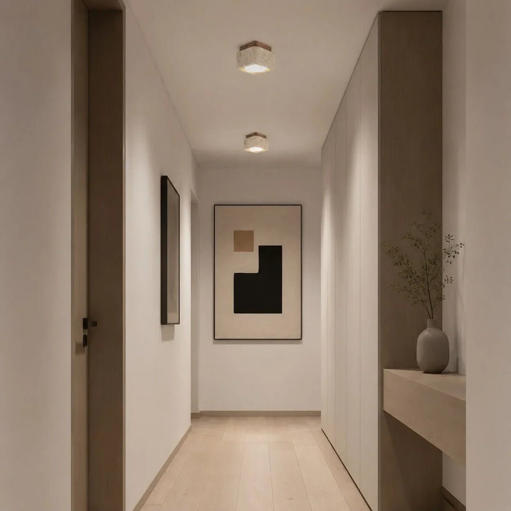 Travertin Quadrat Deckenleuchte mit Holz-Canopy | Souliia