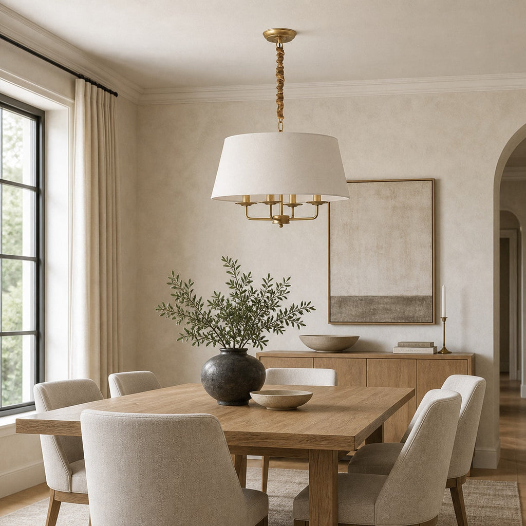 Tela Stoffschirm-Kronleuchter mit geschwungenem Arm-Design und Leinen-Schirmen - Metall Vintage-Stil für Esszimmer | Souliia