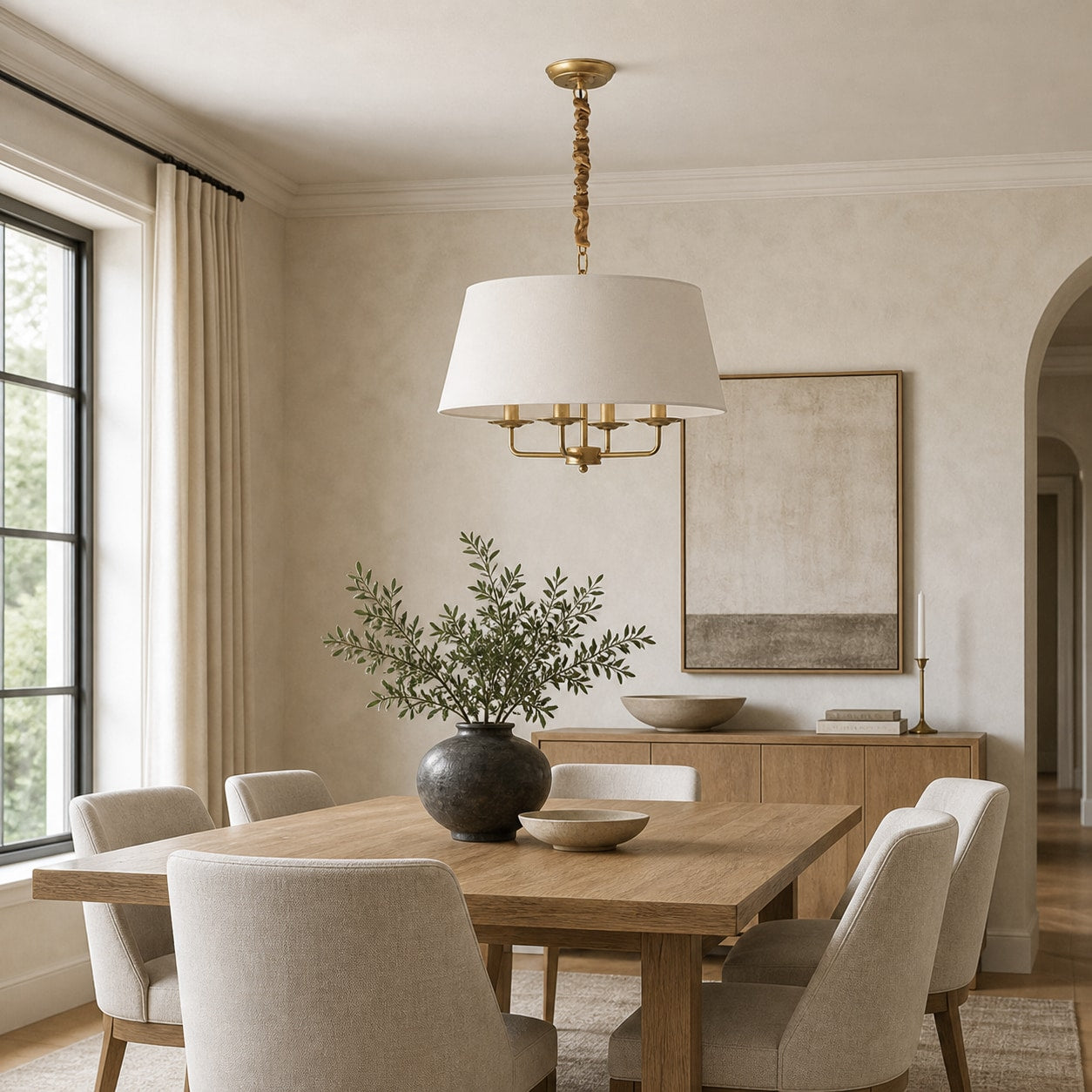 Tela Stoffschirm-Kronleuchter mit geschwungenem Arm-Design und Leinen-Schirmen - Metall Vintage-Stil für Esszimmer | Souliia