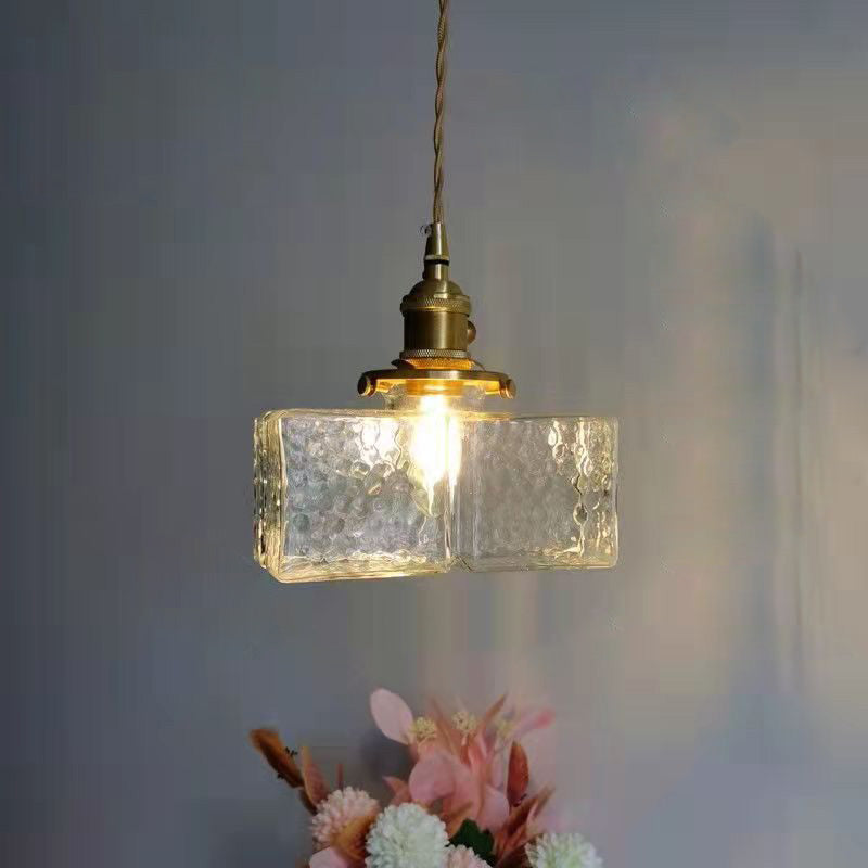 Traditionelle Vintage Quadrat Rechteck Wellen-Glas Eisen 1-Flammige Pendelleuchte für Wohnzimmer | Souliia