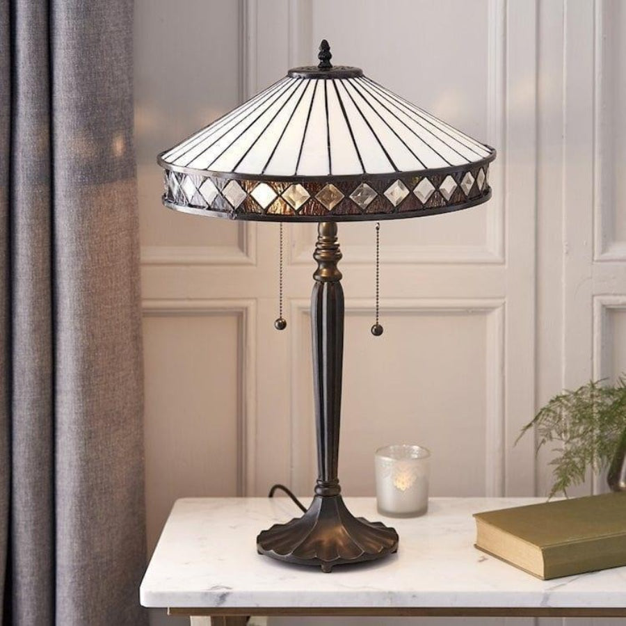 TF Geometric Stained Glass Table Lamp with Amber and Cream Panels – Tiffany Style Accent Lamp for Bedroom and Study | Souliia