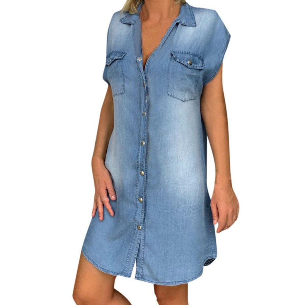 Denim Straight Dress — Sleeveless V-Neck Style with Pockets