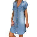 Denim Straight Dress — Sleeveless V-Neck Style with Pockets