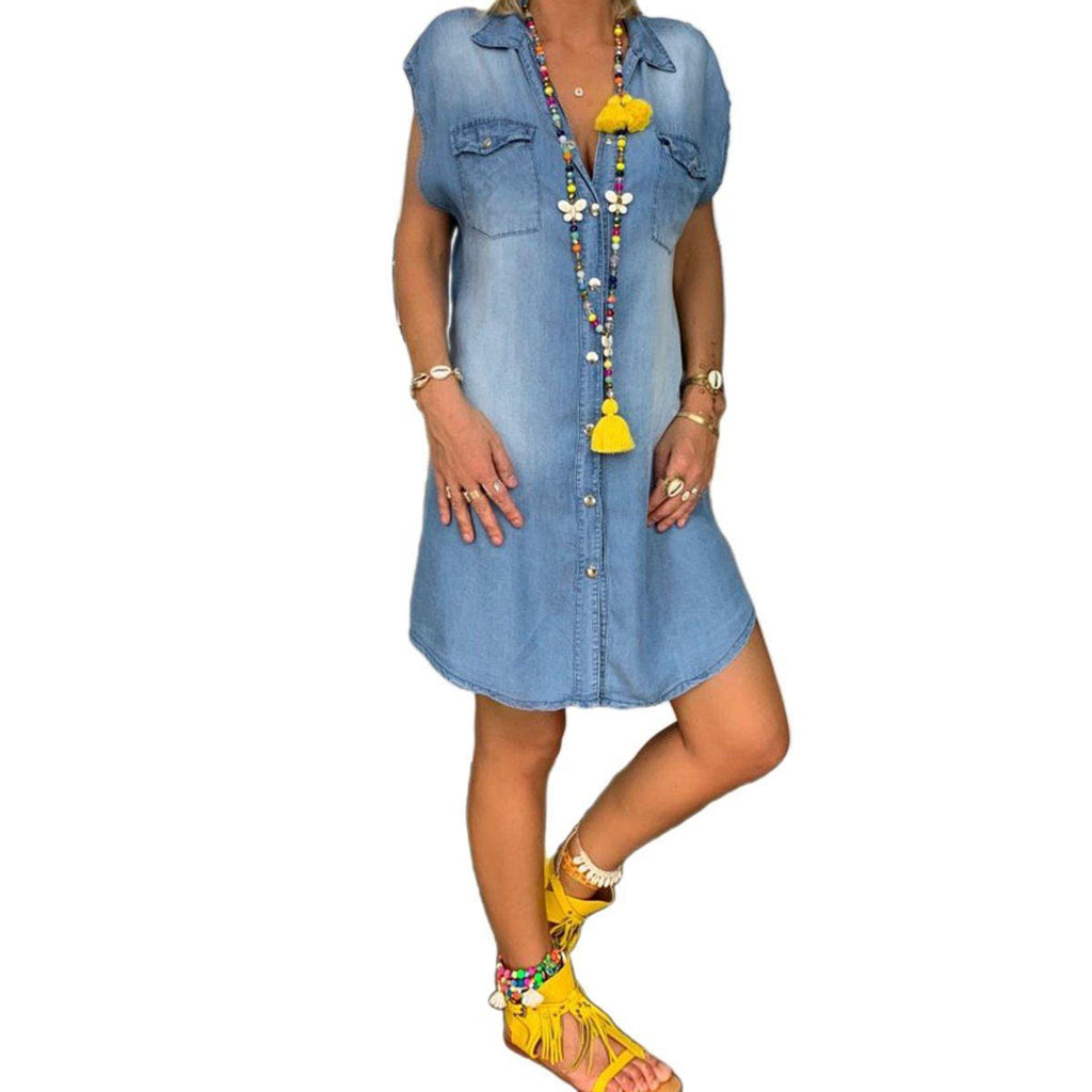 Denim Straight Dress — Sleeveless V-Neck Style with Pockets