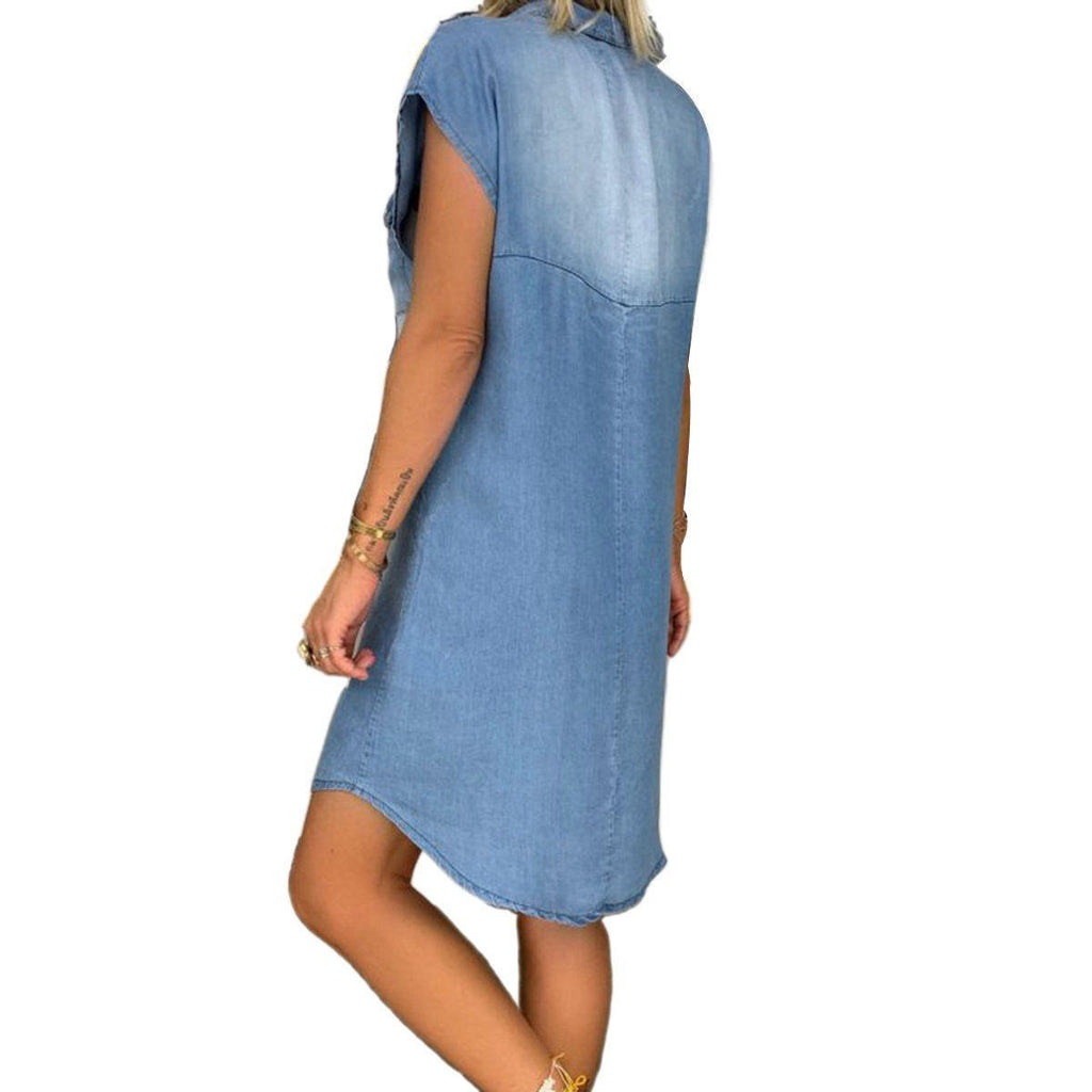 Denim Straight Dress — Sleeveless V-Neck Style with Pockets