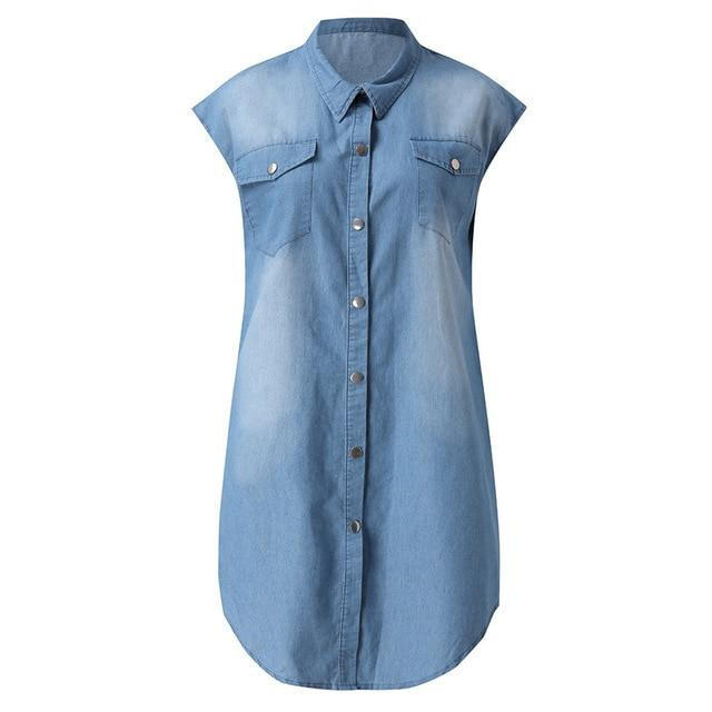 Denim Straight Dress — Sleeveless V-Neck Style with Pockets