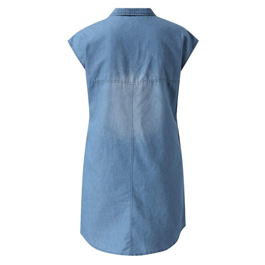Denim Straight Dress — Sleeveless V-Neck Style with Pockets
