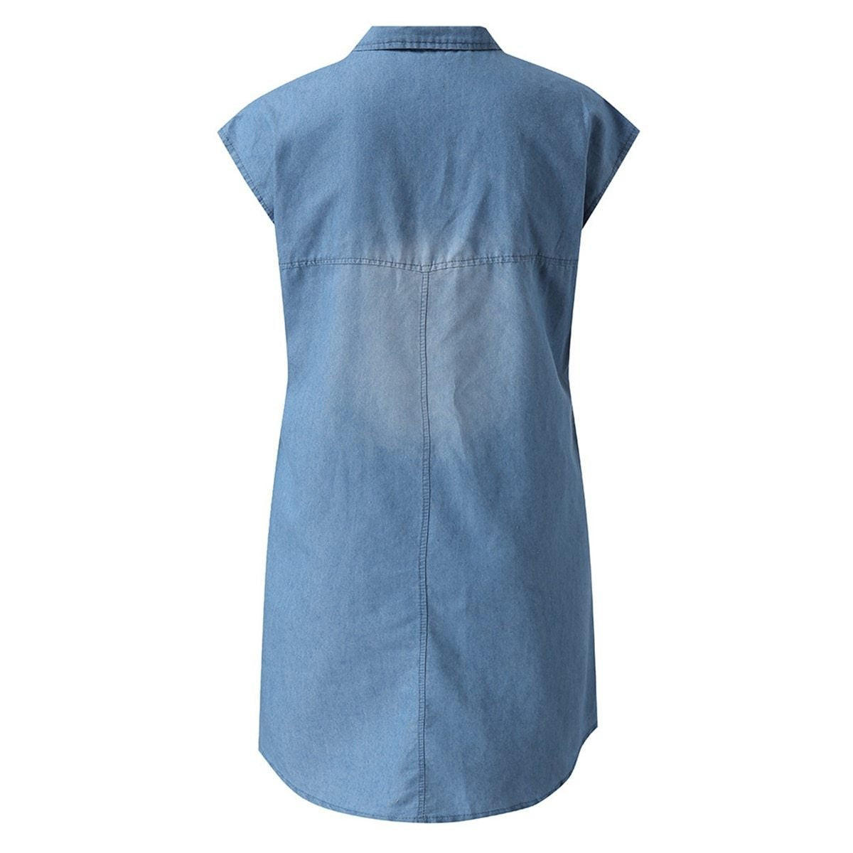 Denim Straight Dress — Sleeveless V-Neck Style with Pockets