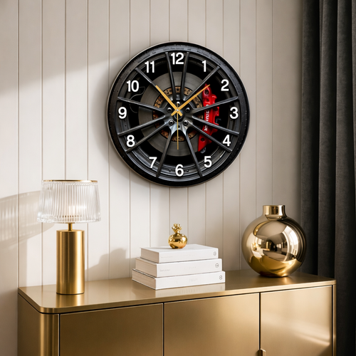 Autodial 2D Car-Themed Wall Clock — 12-Inch Round, Quiet Quartz Movement