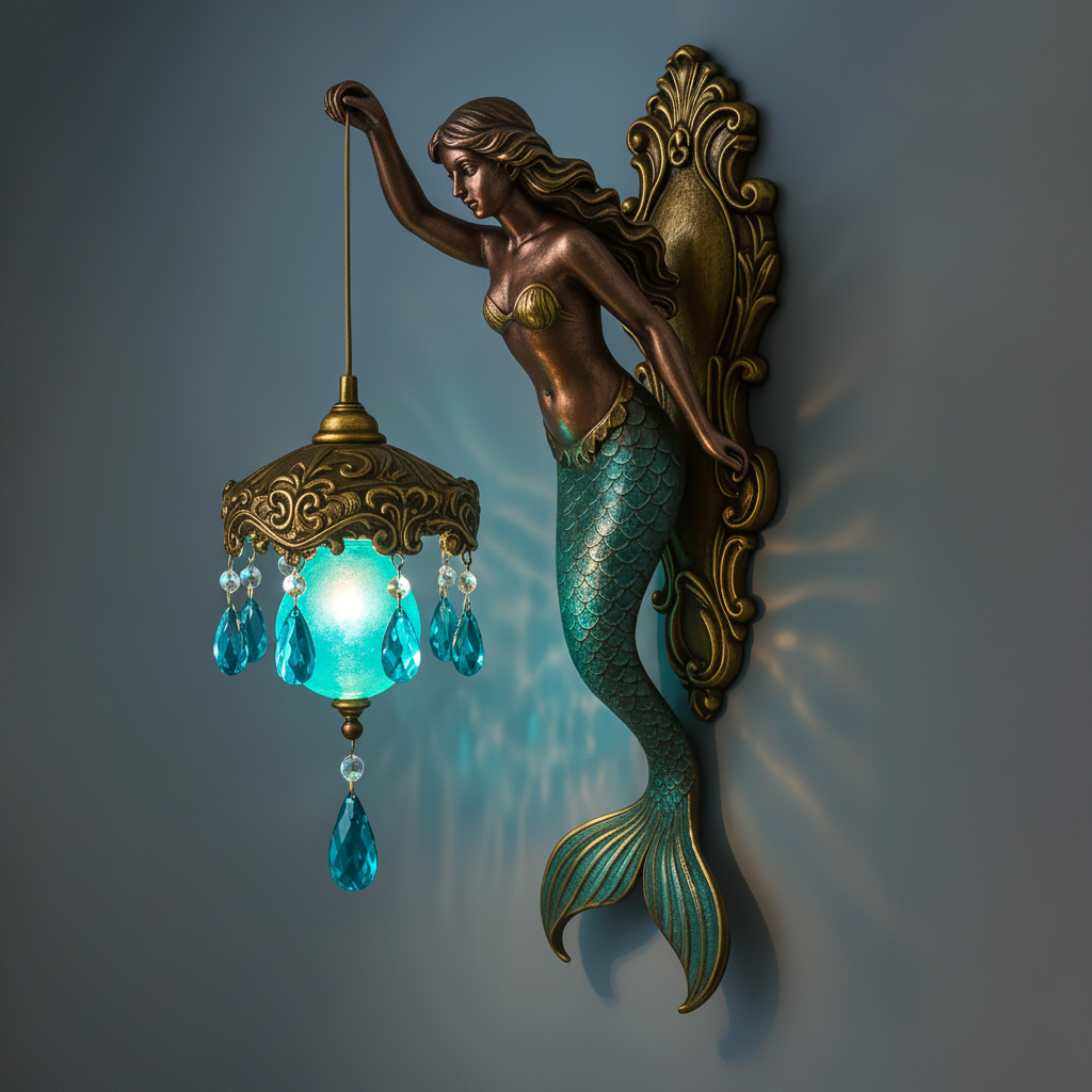 MermaidLight Handcrafted Vintage Wall Sconce — Battery Powered, Ambient Glow