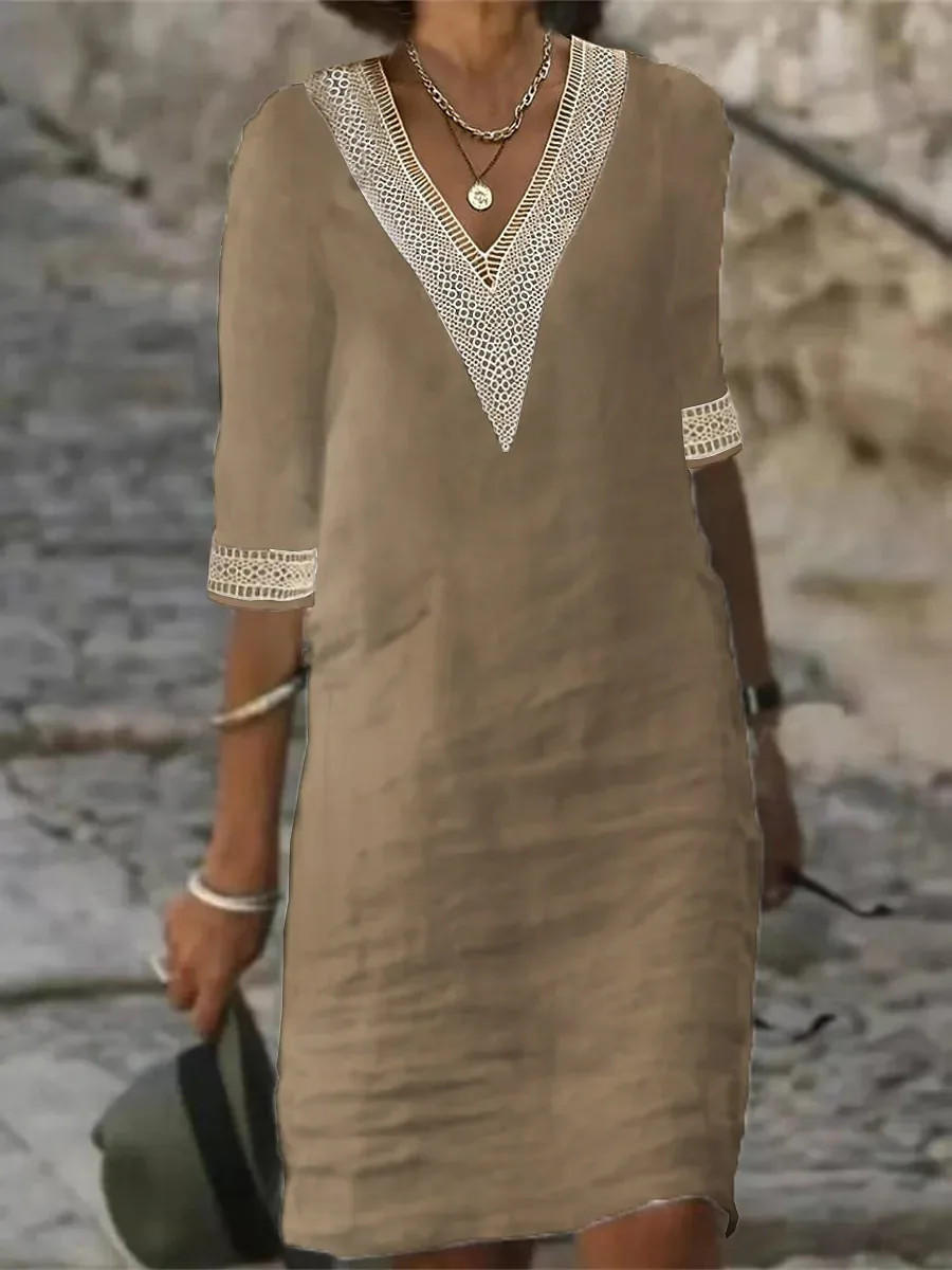 Elegant Half-Sleeve V-Neck Knee-Length Summer Dress