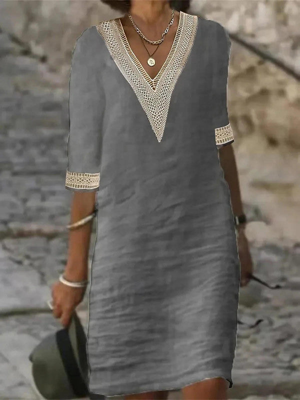 Elegant Half-Sleeve V-Neck Knee-Length Summer Dress