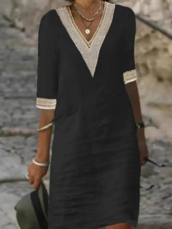 Elegant Half-Sleeve V-Neck Knee-Length Summer Dress