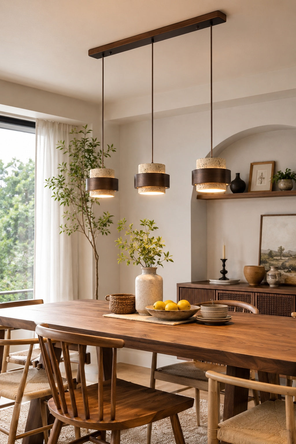 Travertin Holz Pendelleuchte - Moderne organische Hängeleuchte für Wohnzimmer | Souliia