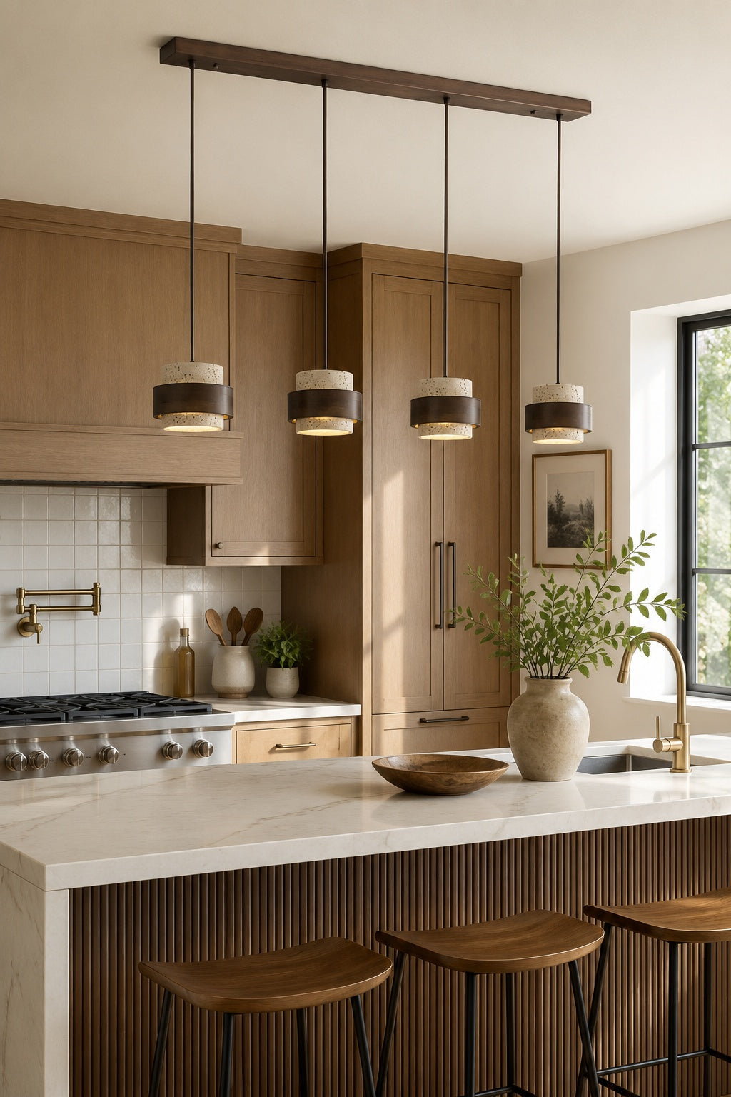 Travertin Holz Pendelleuchte - Moderne organische Hängeleuchte für Wohnzimmer | Souliia