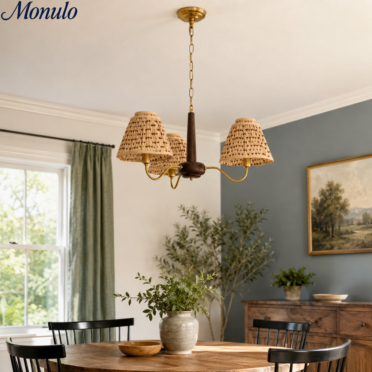 Solmire Rustikaler Kronleuchter - Holz- und Metall-Blumenstoffschirme für Wohnzimmer | Souliia