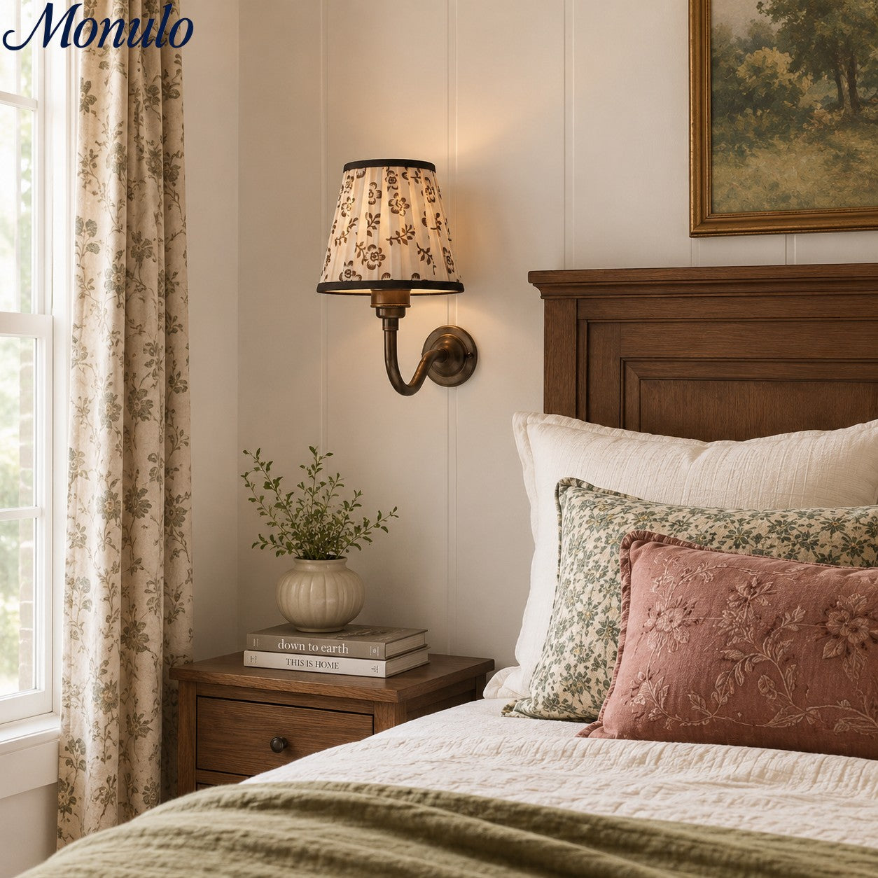 Solmire Fabric Wall Sconce - Vintage Linen Cotton Shade with Curved Metal Arm for Bedroom and Hallway | Souliia