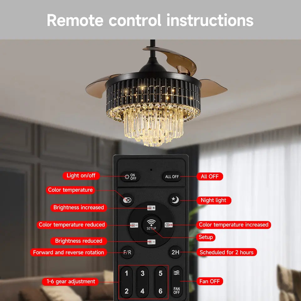 NovaLuxe 42 Inch Crystal Fandelier — DC LED Ceiling Fan, Retractable Blades