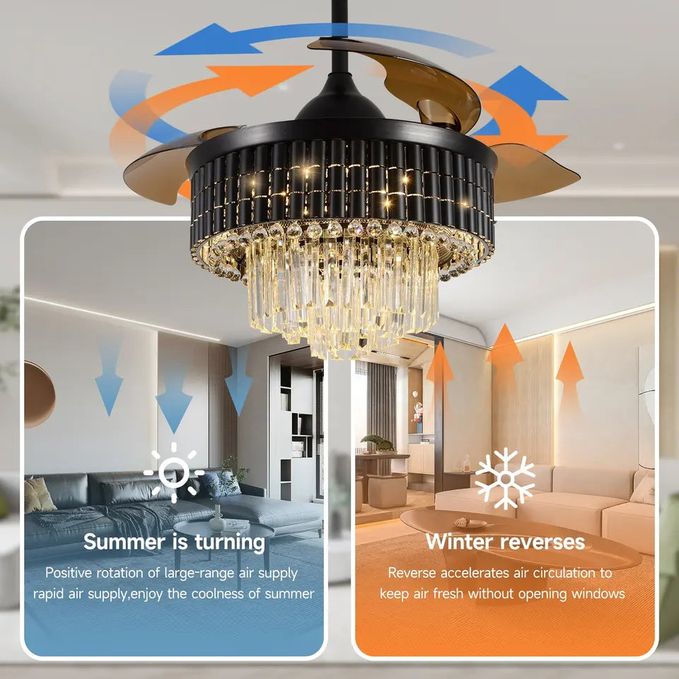NovaLuxe 42 Inch Crystal Fandelier — DC LED Ceiling Fan, Retractable Blades