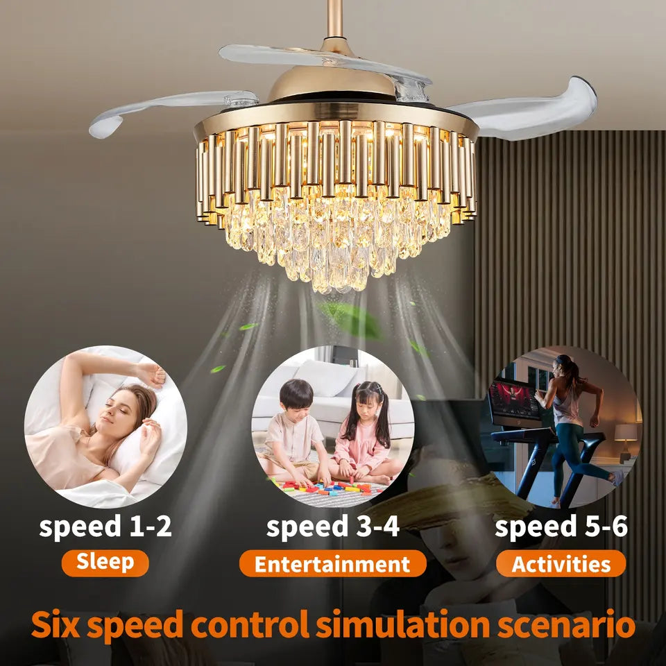 Aurea Retractable Crystal Chandelier — Motorized Opening Blades, 42-Inch Diameter