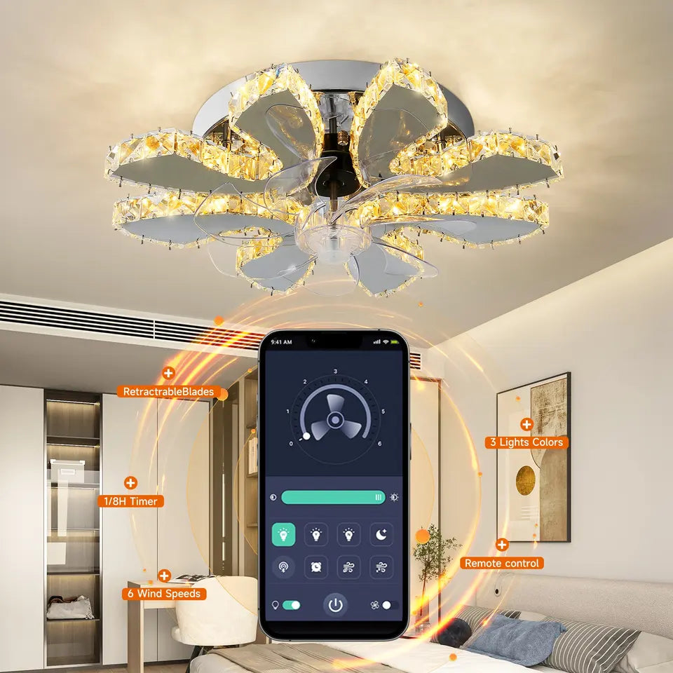 NovaLuxe Six-Speed Ceiling Fan — Retractable Blades and Crystal Lotus Light