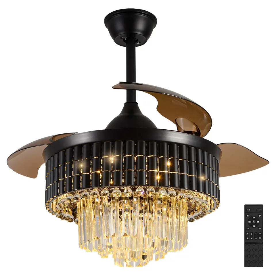 NovaLuxe 42 Inch Crystal Fandelier — DC LED Ceiling Fan, Retractable Blades