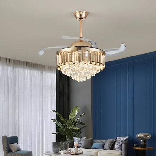 Aurea Retractable Crystal Chandelier — Motorized Opening Blades, 42-Inch Diameter