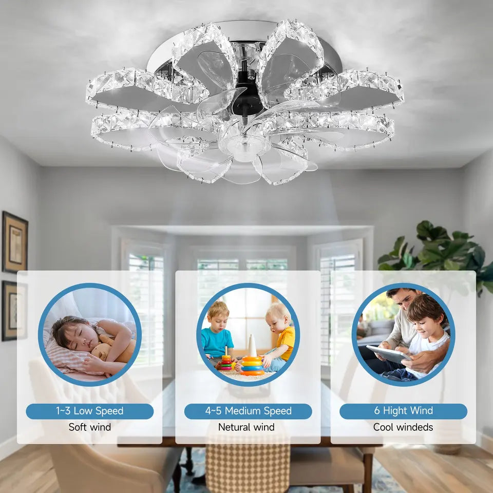 NovaLuxe Six-Speed Ceiling Fan — Retractable Blades and Crystal Lotus Light