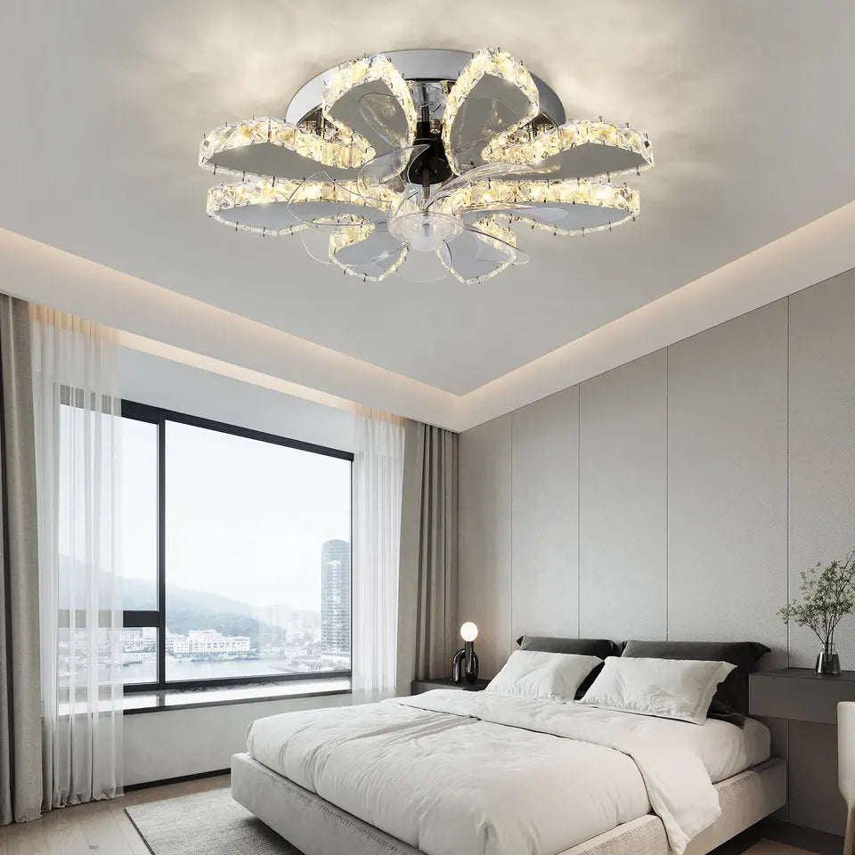 NovaLuxe Six-Speed Ceiling Fan — Retractable Blades and Crystal Lotus Light