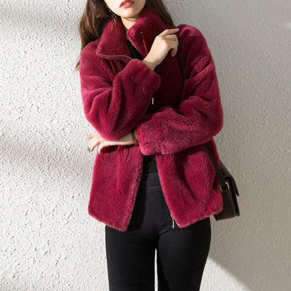 Giacca imbottita in pelliccia con collo alto — cappotto invernale oversize fatto a mano