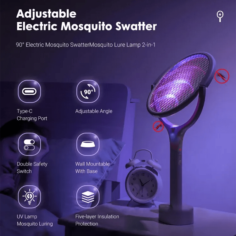 Eliminador elétrico de mosquitos — cabeça rotativa a 90°, sem produtos químicos