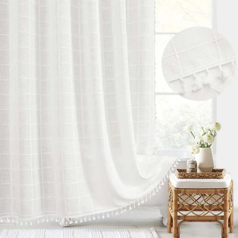 Boho Haven Linen Shower Curtain — Tassel Fringe & Waterproof Construction