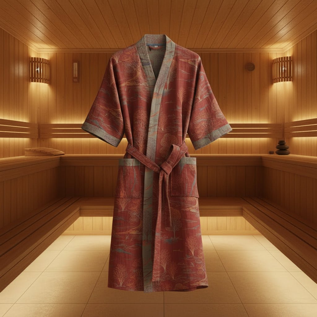 Ginkorobe Reversible Bathrobe — Organic Cotton Kimono Style, Ginkgo Leaf Motif