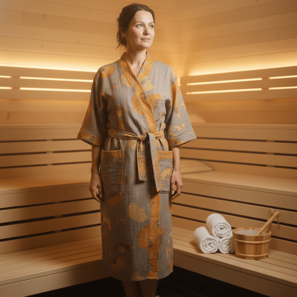 Ginkorobe Reversible Bathrobe — Organic Cotton Kimono Style, Ginkgo Leaf Motif