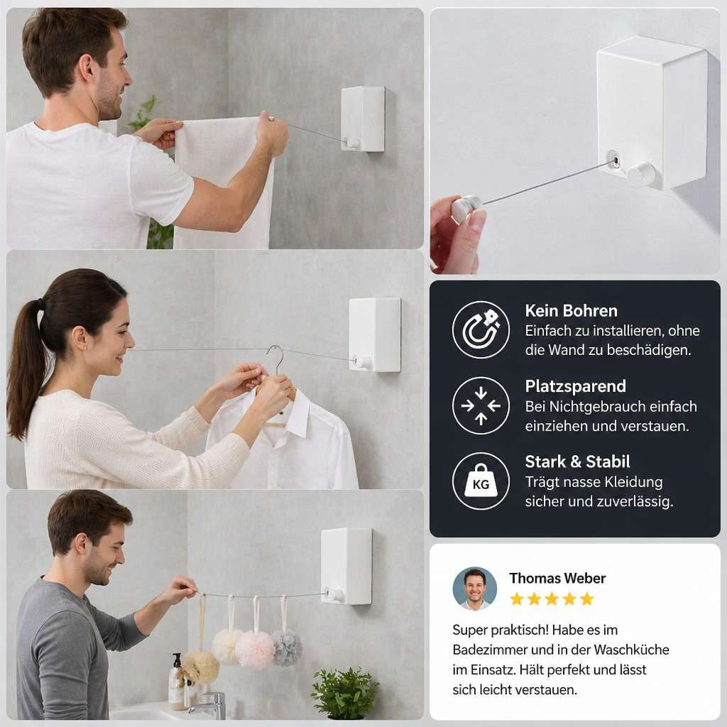 Retractable Invisible Clothesline - No Drilling Required - Souliia