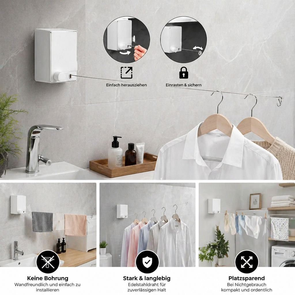 Retractable Invisible Clothesline - No Drilling Required - Souliia