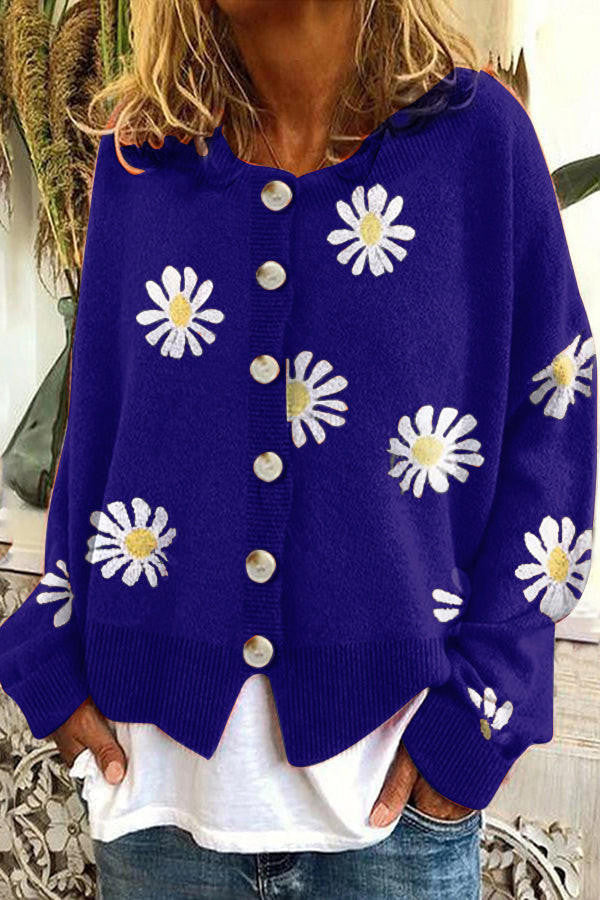 Camisola de malha com bordado floral — gola redonda e manga comprida